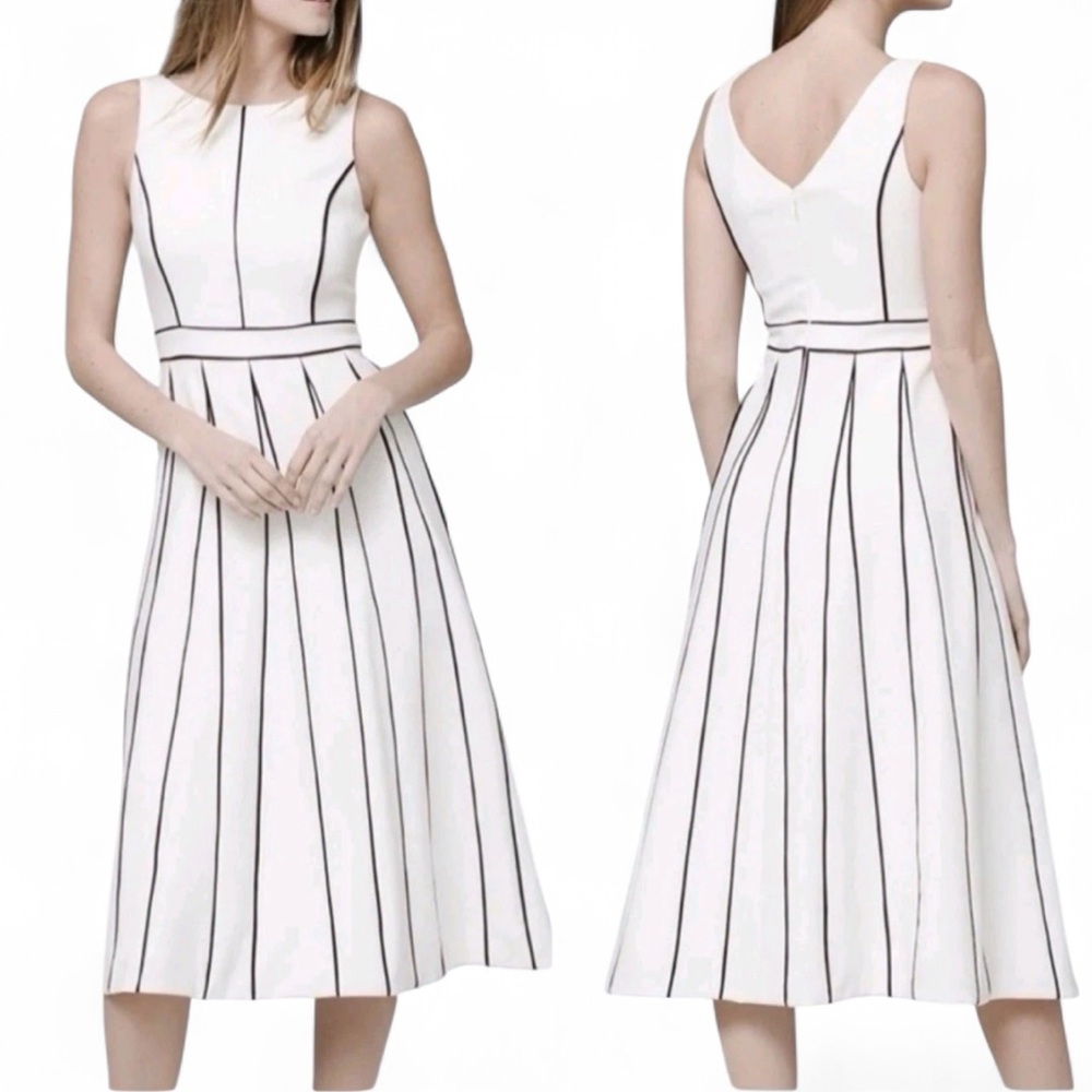 White House Black Market White Midi Dress with Black Vertical Stripes